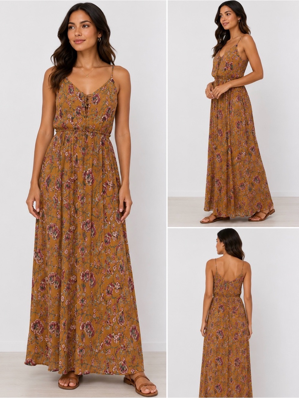 Patrons of Peace Floral Maxi Dress Boho Mustard Adjustable Straps Small